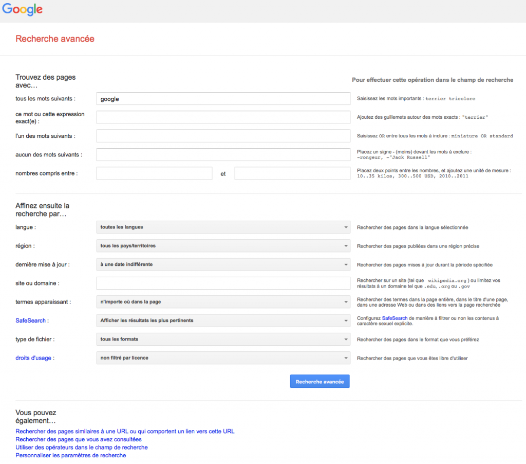 Paramètres de la recherche avancée du moteur de recherche Google