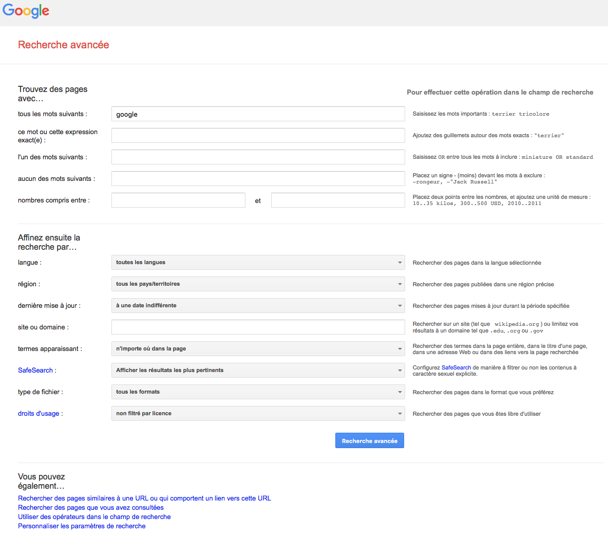 Paramètres de la recherche avancée du moteur de recherche Google