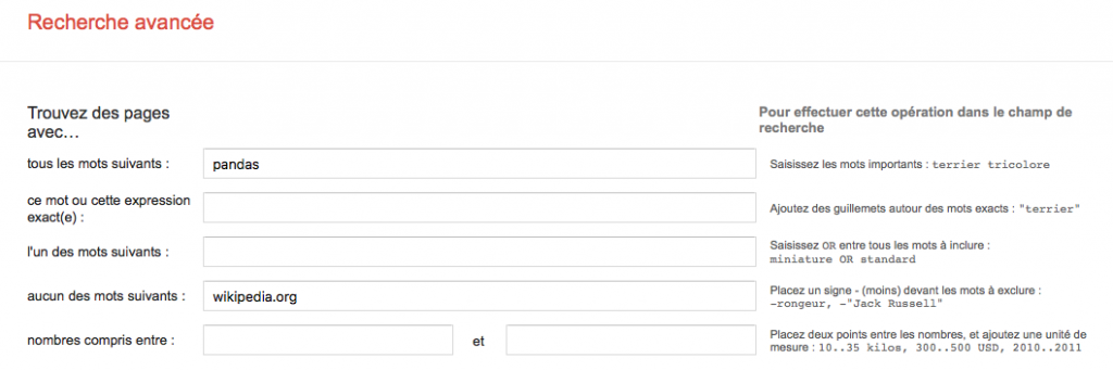 Recherche avancée via le formulaire de google